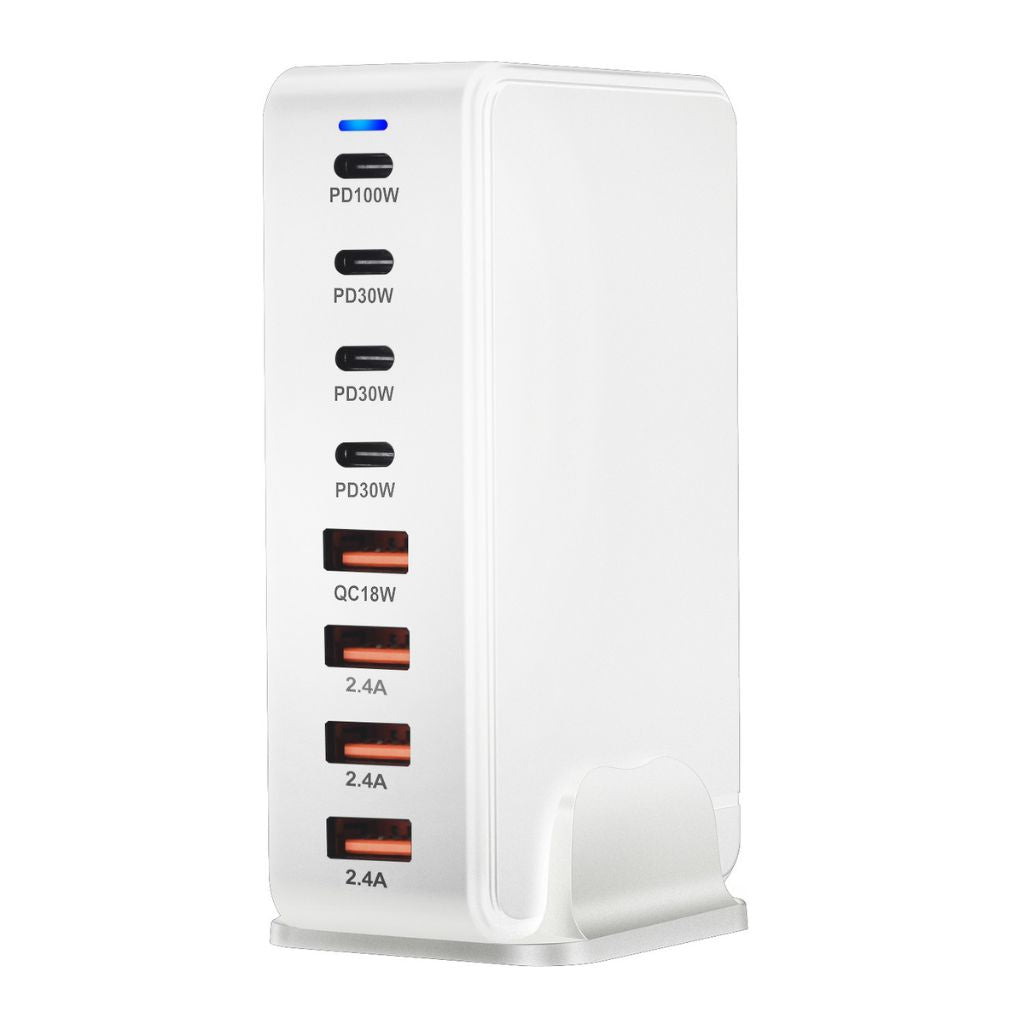 240W GaN 8-Port USB-C Charger with advanced GaN technology, featuring four USB-C PD ports and four USB-A QC ports for ultra-fast and efficient multi-device charging. Compact and lightweight design suitable for home, office, and travel use.