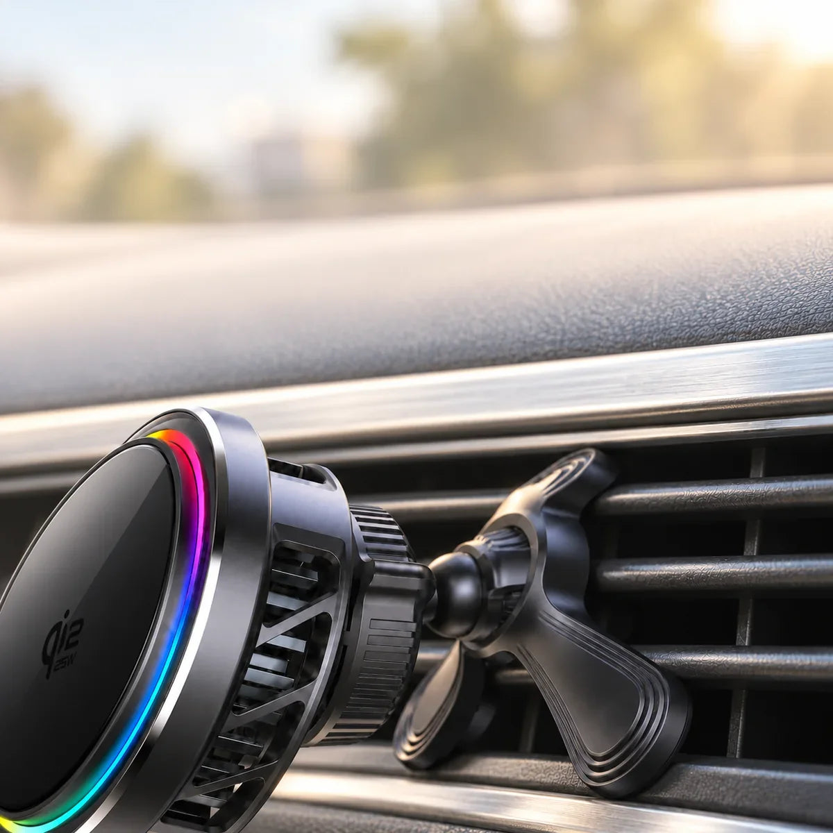 Close view of the car charger ball joint, locking collar and stabilizing feet against air vent slats.