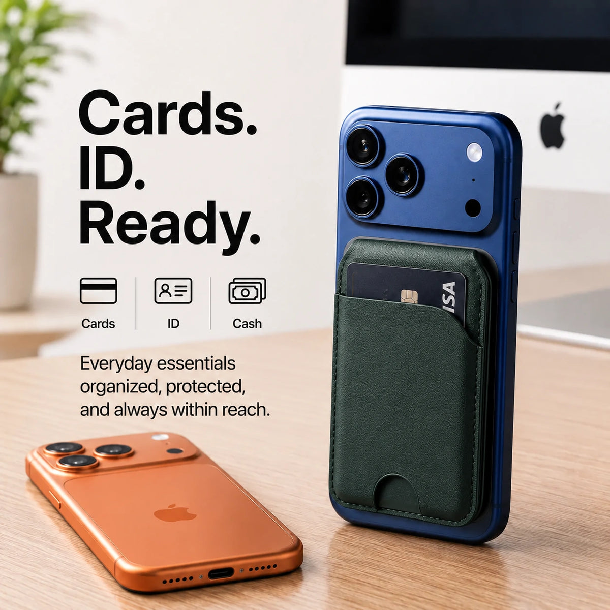 Emerald Green magnetic wallet with a card attached to a Burgundy iPhone beside a second Burgundy iPhone. #color_Emerald Green