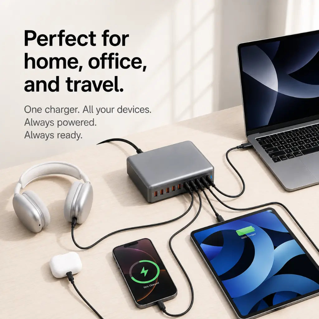 PowerHub 320W desktop charger powering multiple devices at home or work