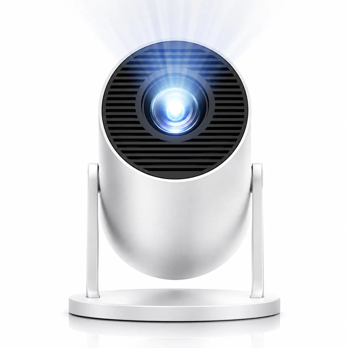 White portable mini projector with illuminated lens, front view