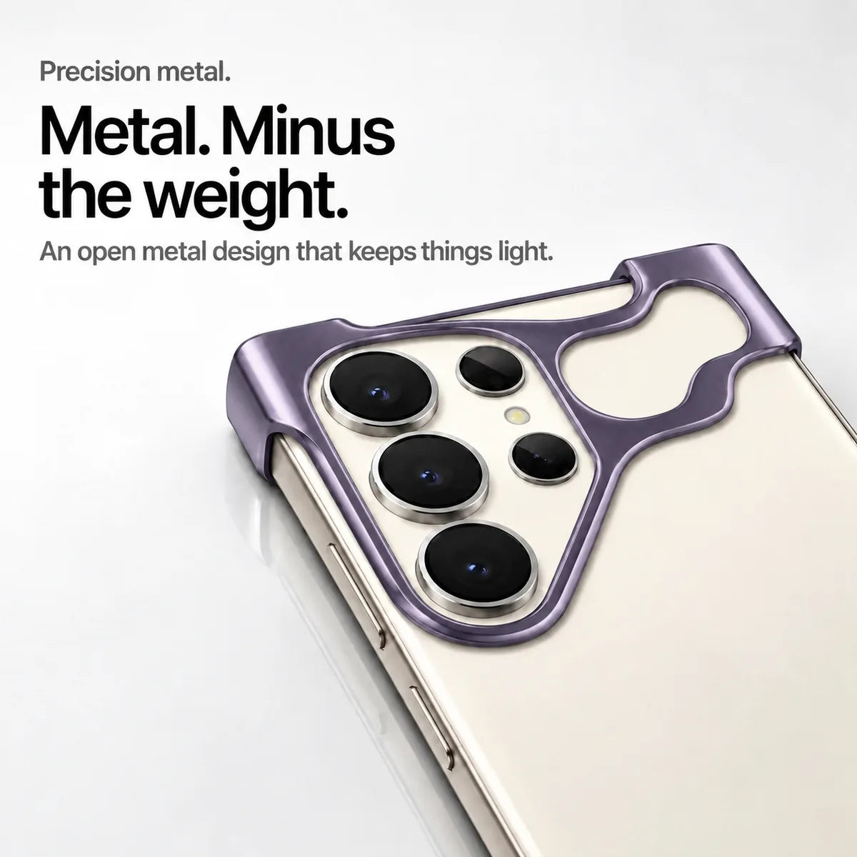 Purple open metal phone bumper case with a close view of its camera frame #color_Purple