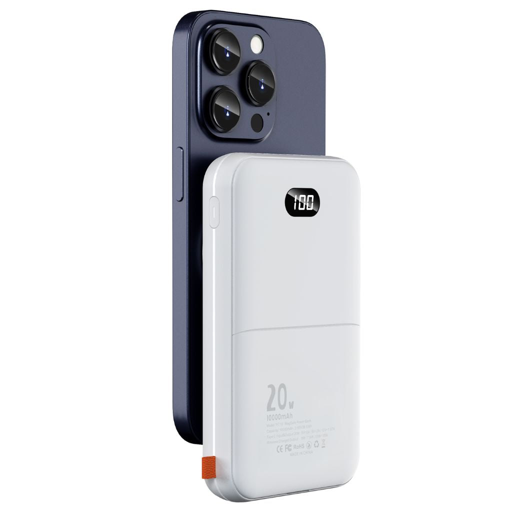 2-in-1 Wireless MagSafe PowerBank with 10,000mAh capacity, dual Type-C fast charging, LED display, strong magnetic suction, and multi-device charging. Portable, high-density battery compliant with travel safety standards.