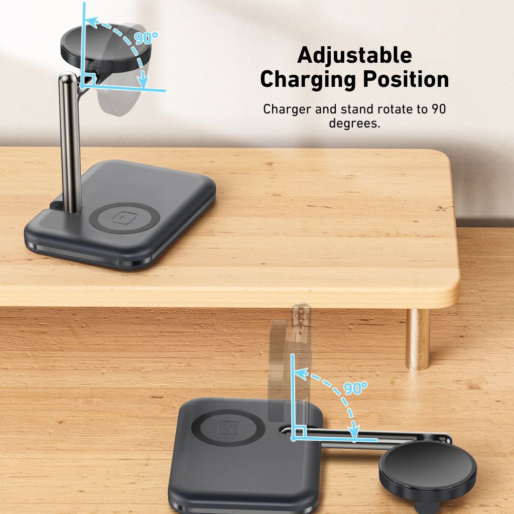 2-in-1 wireless charger for Samsung Galaxy Watch and Buds, fast charging station, compact and portable, foldable design, adjustable angles, compatible with Galaxy Watch 5, 5 Pro, 4, 4 Classic, 3, 3 Classic, Active 2, Active 1, and Galaxy Buds 2, 2 Pro, Pro, Live, Type-C input, overcharge protection, suitable for desk and travel use.