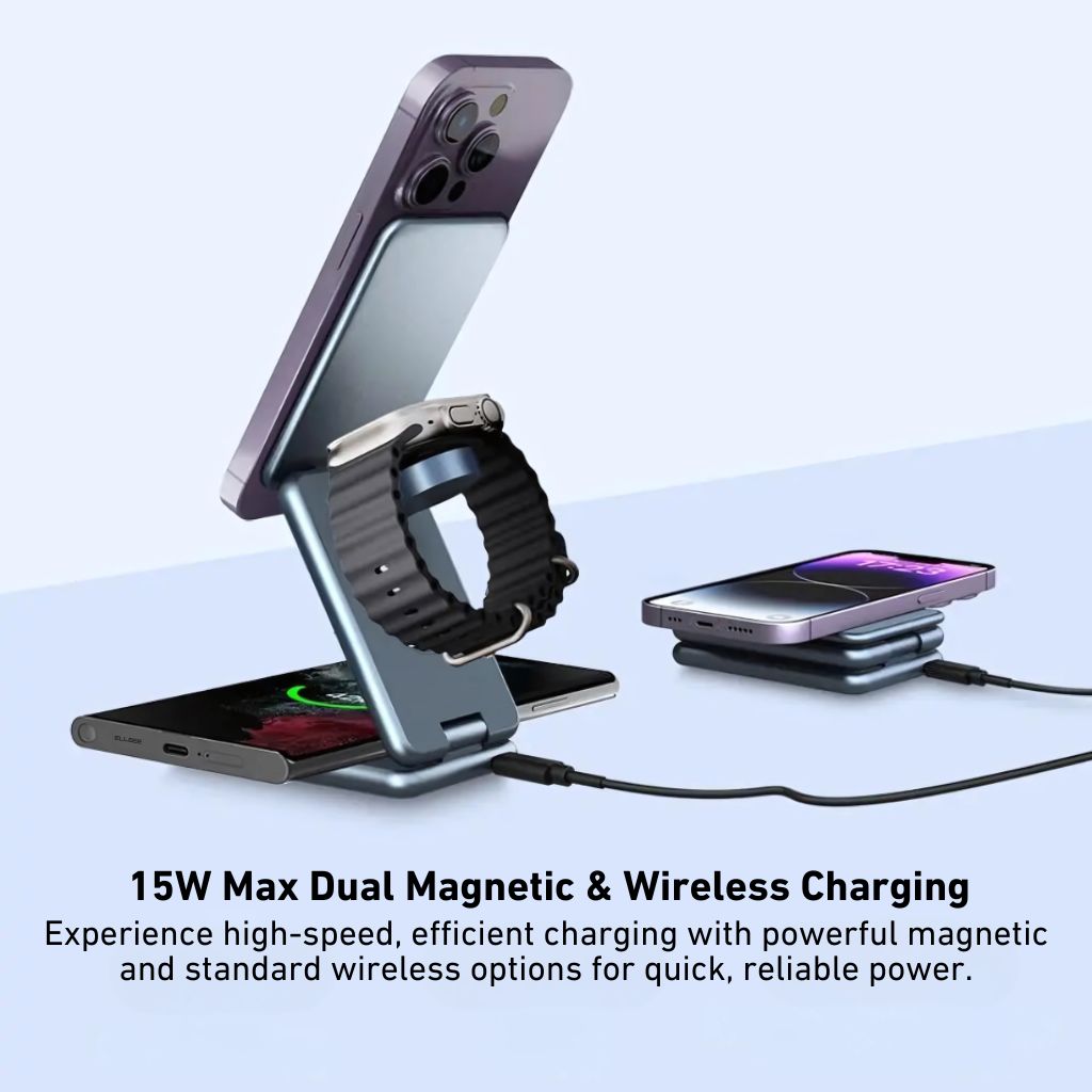 3-in-1 Foldable Wireless Charging Station for Apple iPhone 16 Pro Max, Apple Watch Ultra 2, and AirPods Pro by Evolved Chargers – Portable, MagSafe-Compatible, and Ideal for Travel.