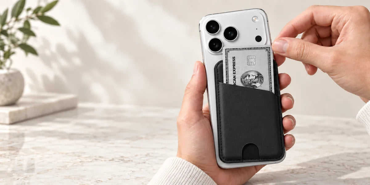 Black folding wallet centered and flush on the back of a silver phone as a silver card is removed from the outer pocket.