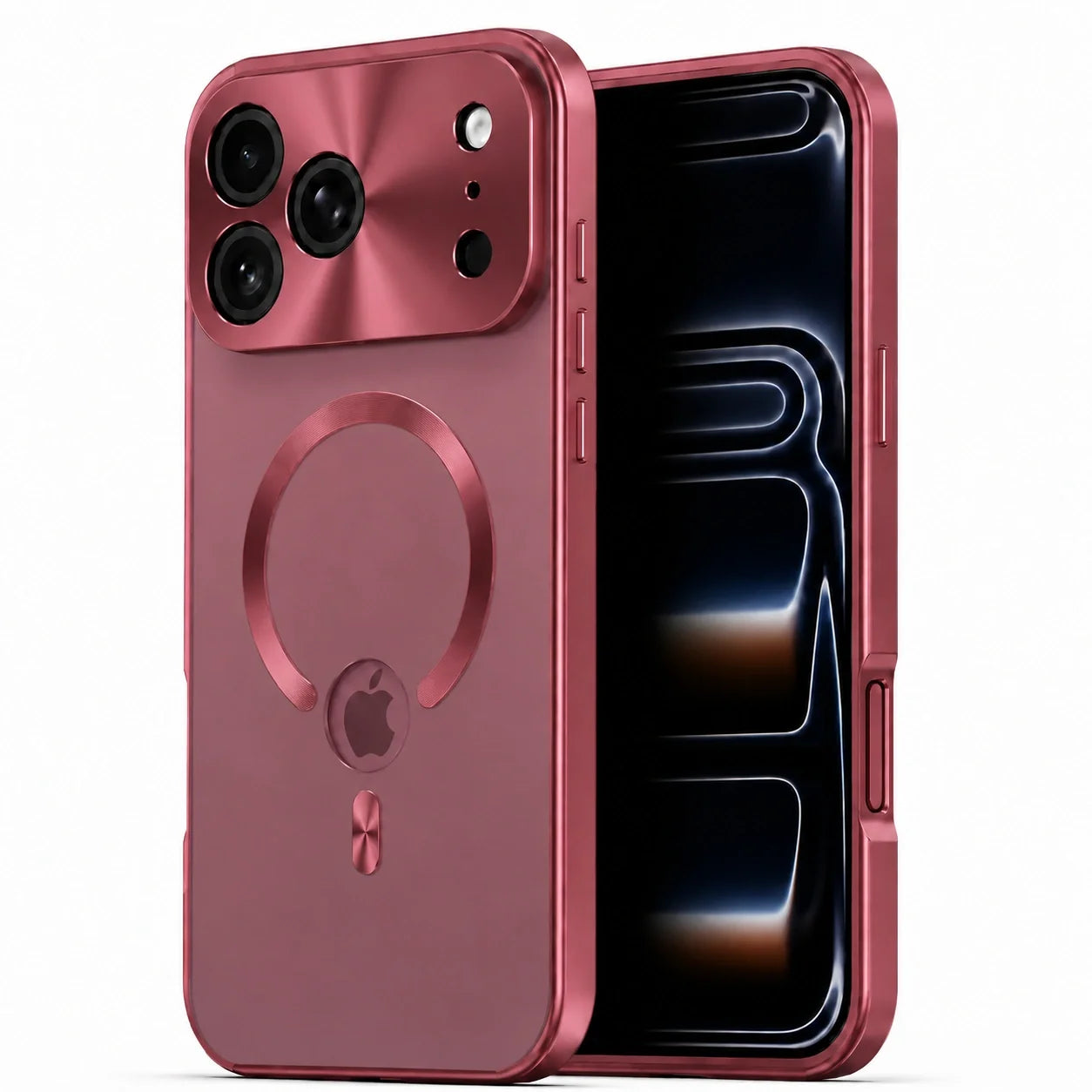 Burgundy metal frame phone case shown from the front and back #color_Burgundy
