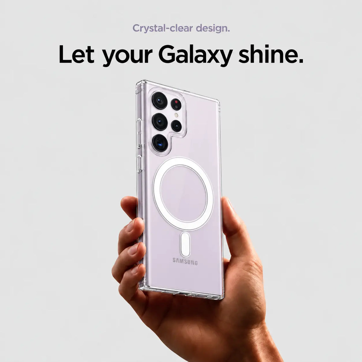 Clear magnetic phone case showing its fit and camera openings. #Samsung Model_Samsung S23 Ultra