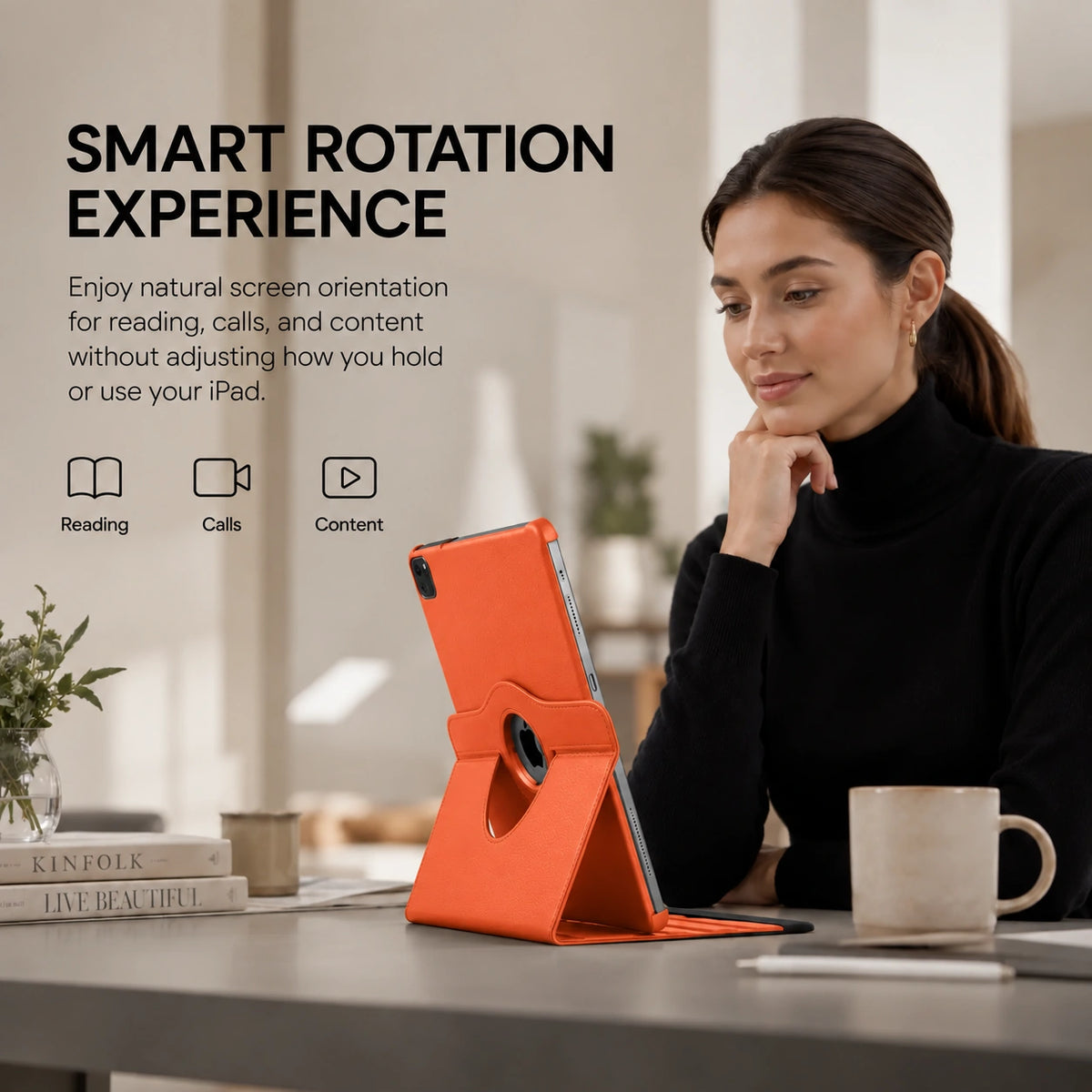 Cosmic Orange rotating tablet folio case rotated for portrait viewing #color_Cosmic Orange