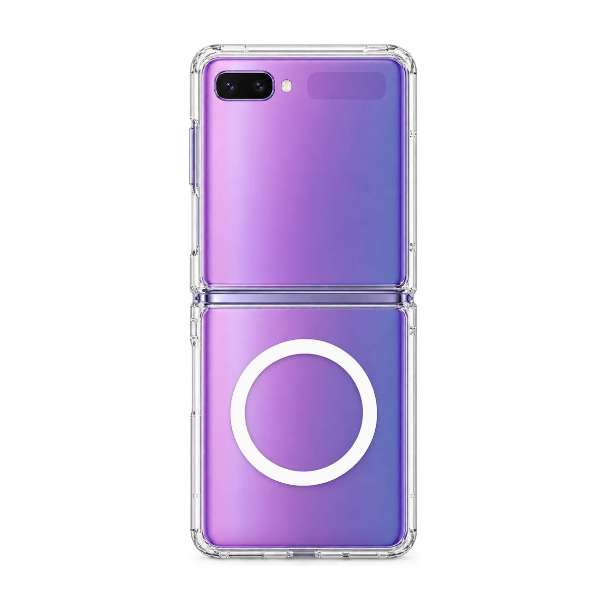 Clear magnetic phone case fitted to a folding handset, showing its rear cameras and cover display. #Samsung Model_Samsung Z Flip