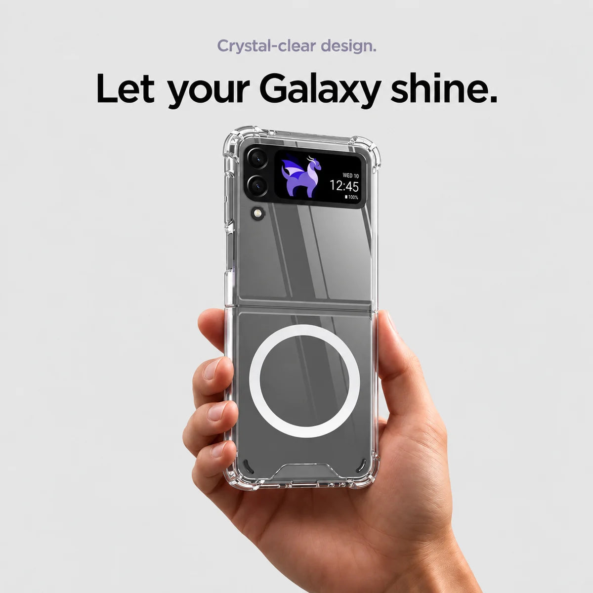 Clear magnetic phone case held at an angle, showing its transparent back and camera openings. #Samsung Model_Samsung Z Flip 4