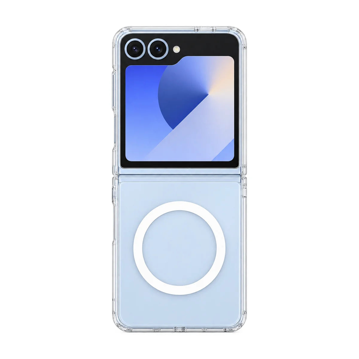 Clear magnetic phone case fitted to a handset, showing the rear cameras and cover display. #Samsung Model_Samsung Z Flip 6