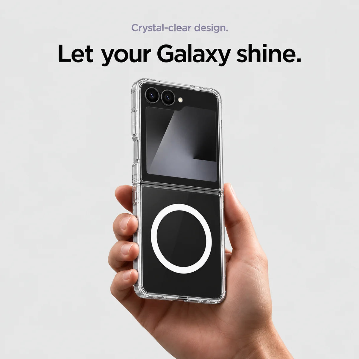 Clear magnetic phone case held at an angle, showing its transparent back and camera openings. #Samsung Model_Samsung Z Flip 7 FE