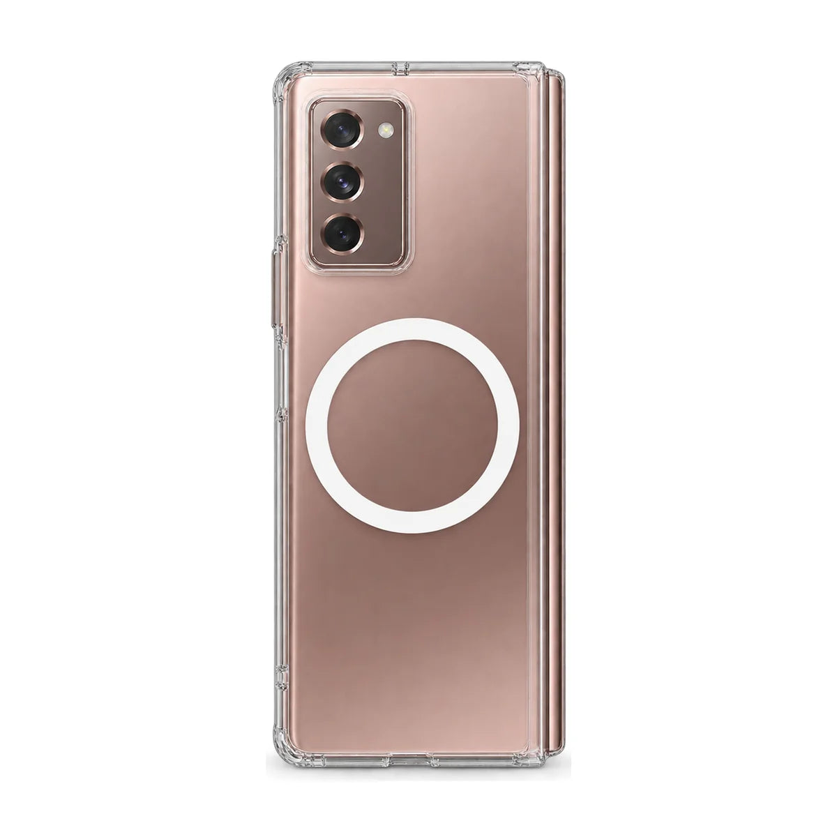 Clear magnetic phone case fitted to a folding handset, showing its rear cameras. #Samsung Model_Samsung Z Fold 2