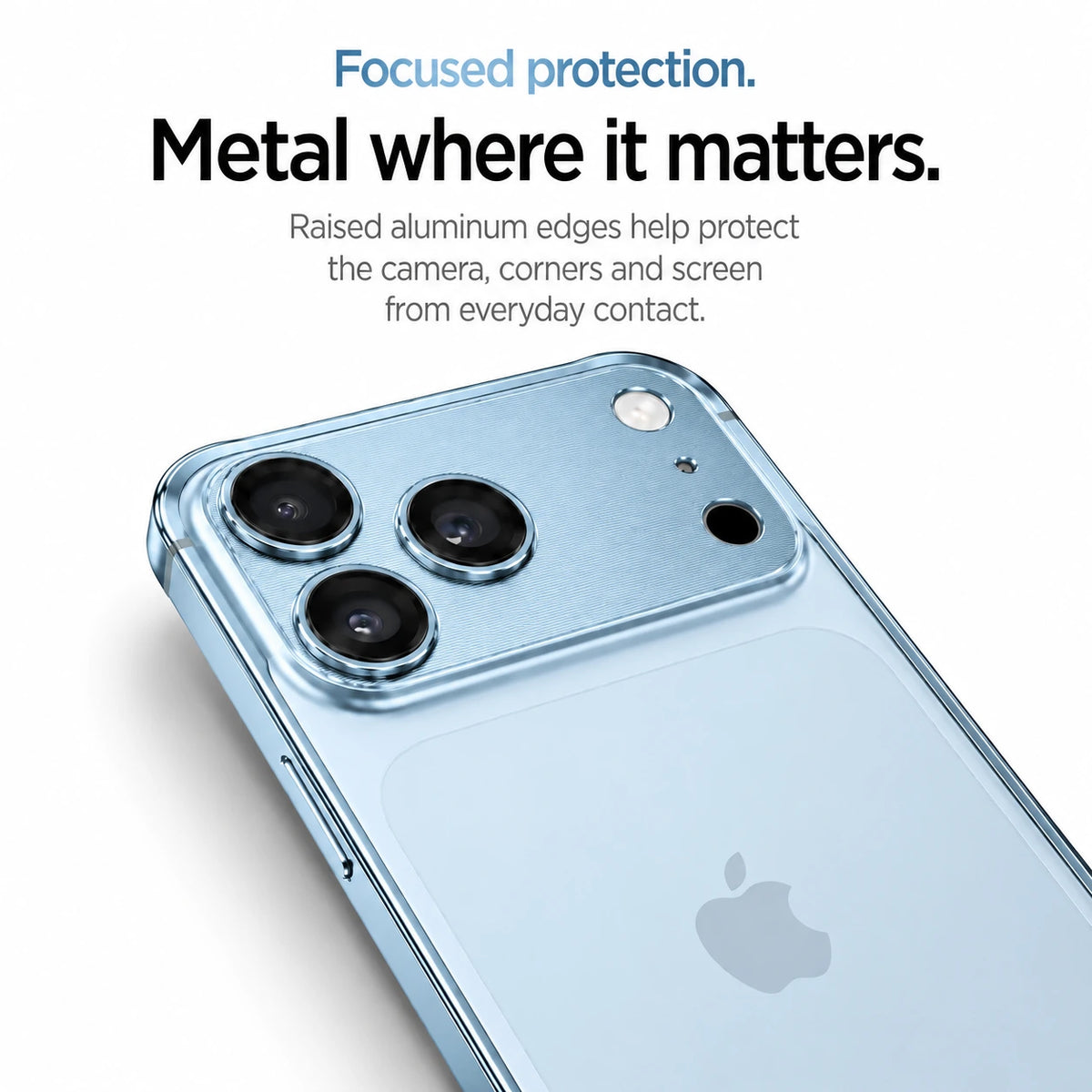 Glacier aluminum frame phone case showing its raised camera and corner protection #color_Glacier