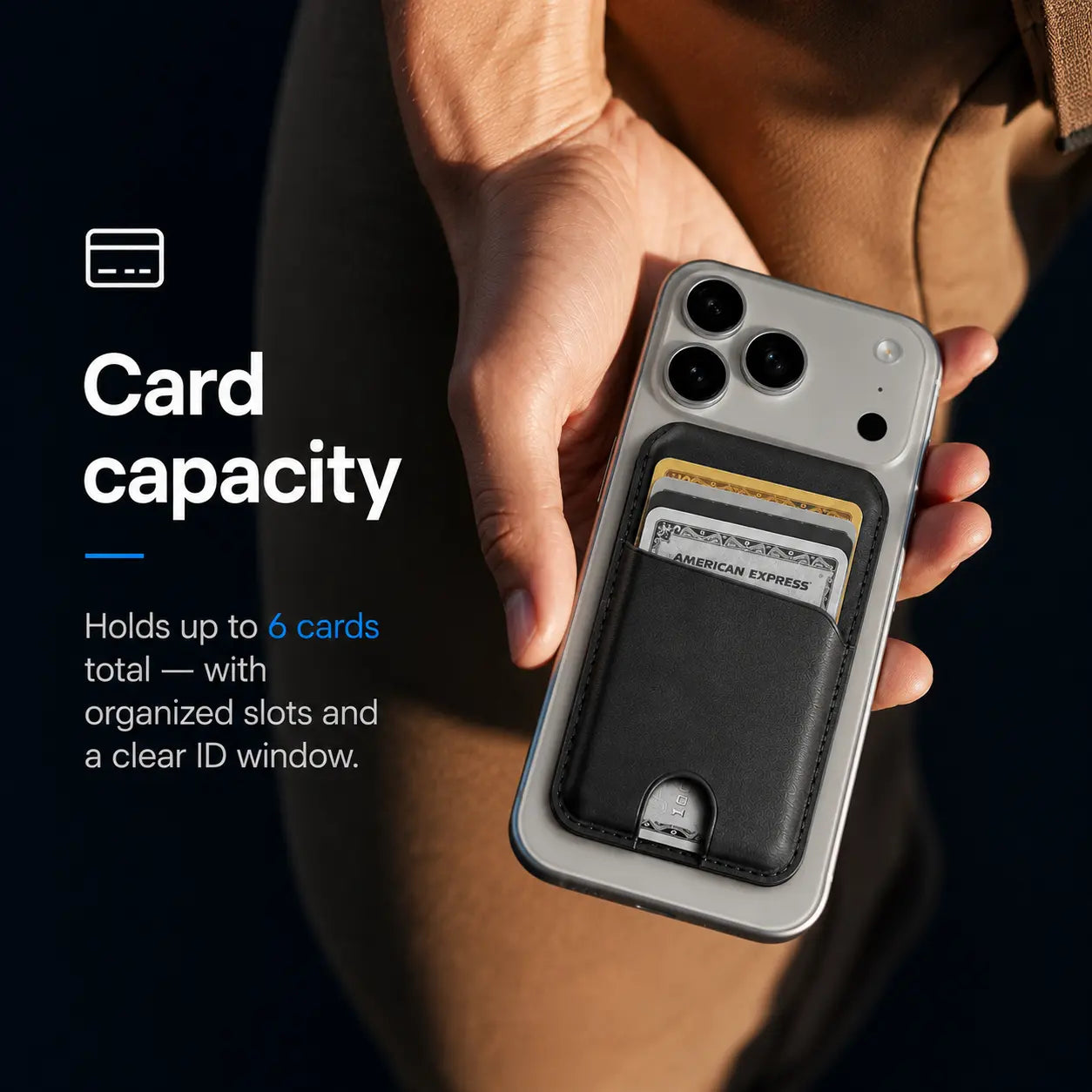 Midnight Black folding magnetic card wallet held with cards inside #color_Midnight Black