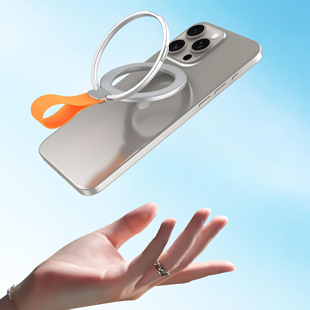 Magnetic Phone Ring Holder with 360° rotation, MagSafe compatibility, strong magnet, lightweight design, and durable metal construction for secure phone grip and hands-free use.