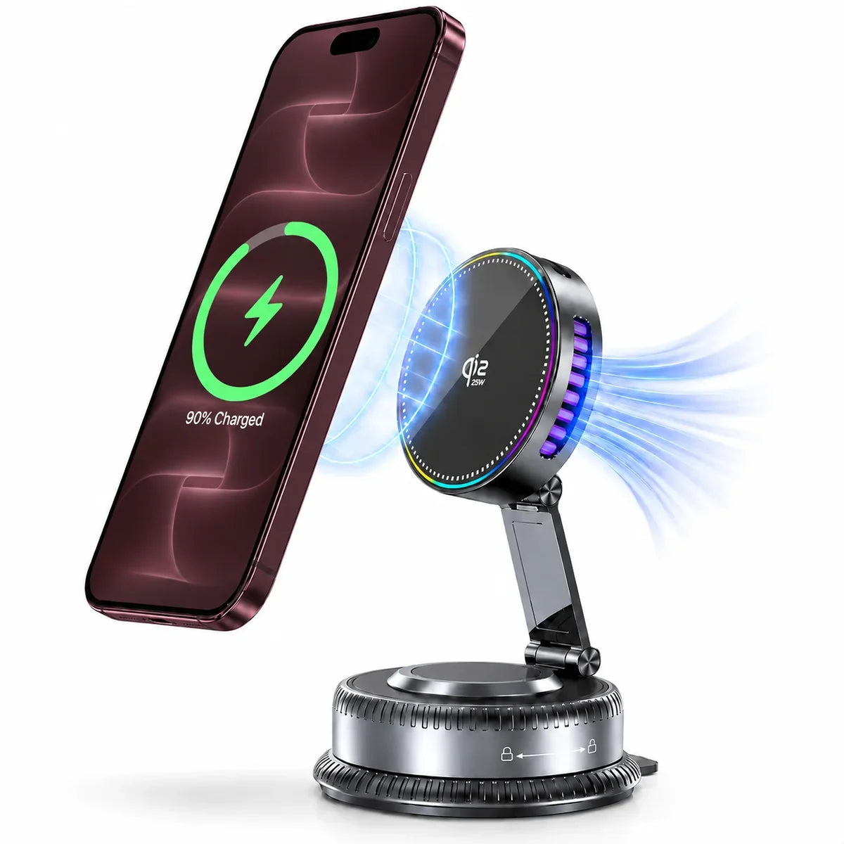 25W magnetic car charger for Burgundy iPhone with cooling technology.