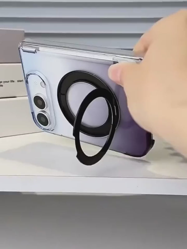 A purple-to-black gradient phone case is placed on a white desk in landscape and portrait using its open ring stand.