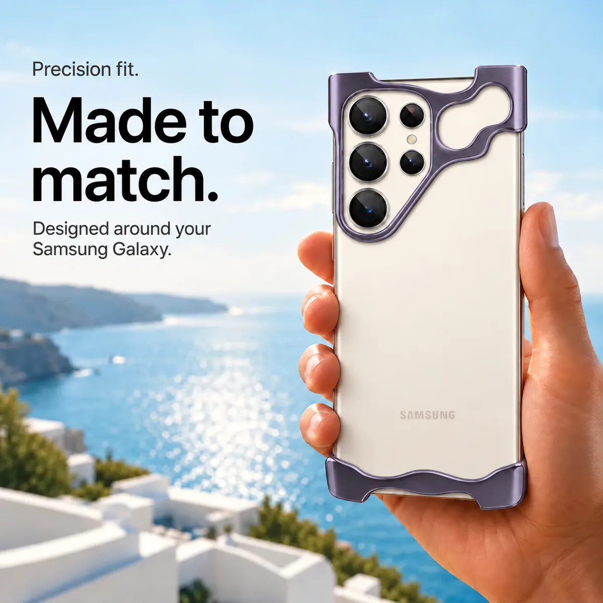 Purple open metal phone bumper case held against a coastal background #color_Purple