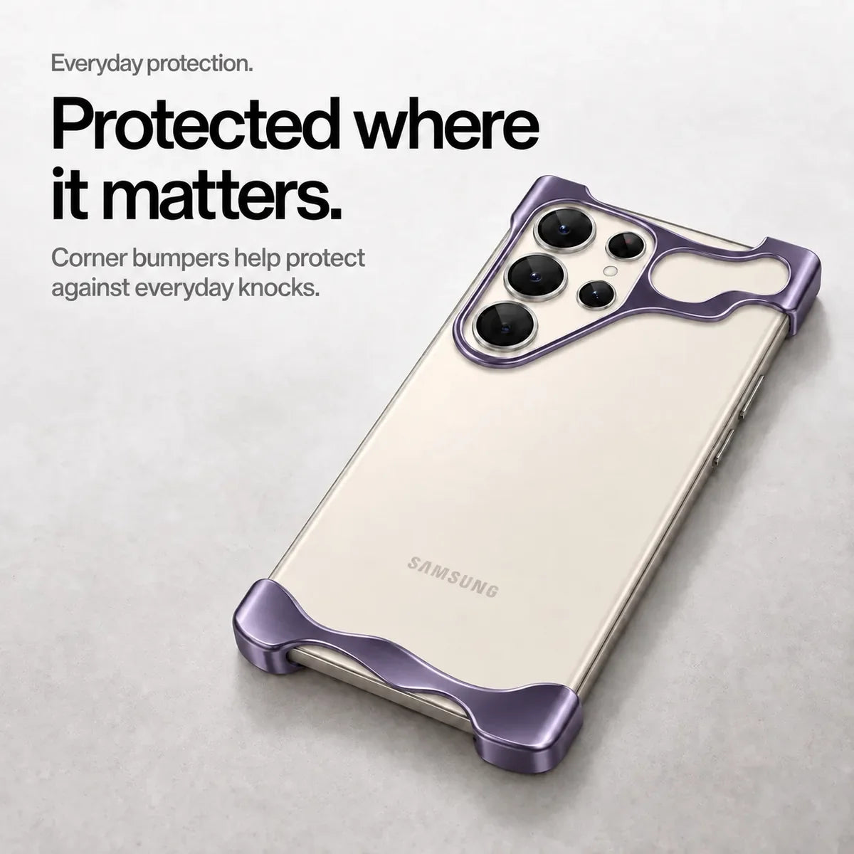 Purple open metal phone bumper case lying on a desk with raised corner protection #color_Purple