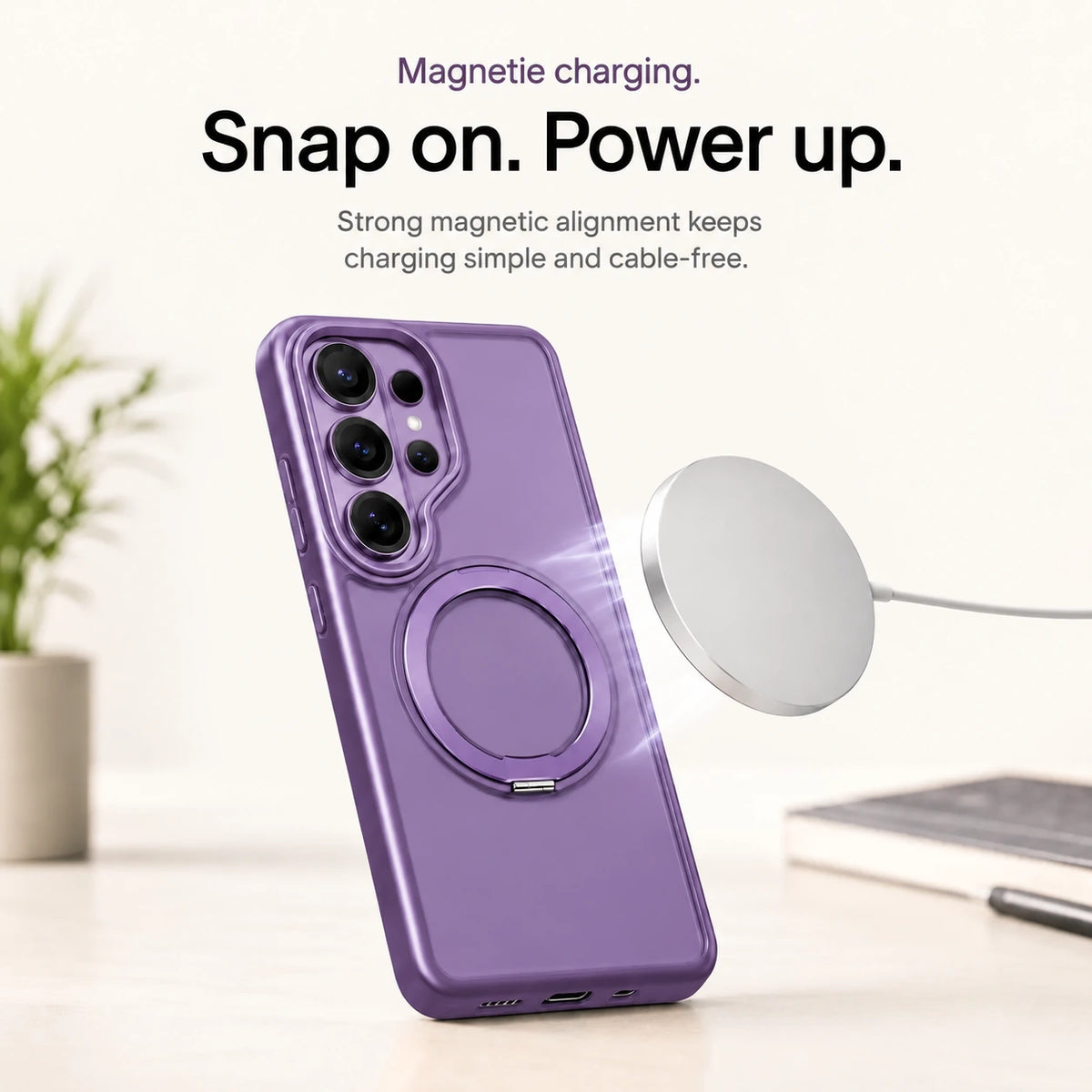 Purple ring stand phone case aligned with a white wireless charging puck #color_Lavender Purple