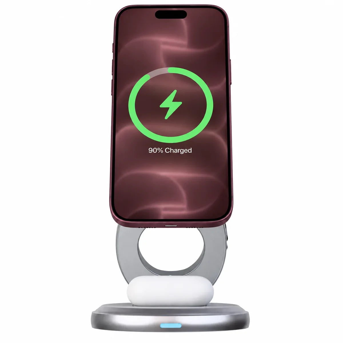 Arctic White rotating foldable wireless charger charging a Burgundy phone facing forward. #color_Arctic White