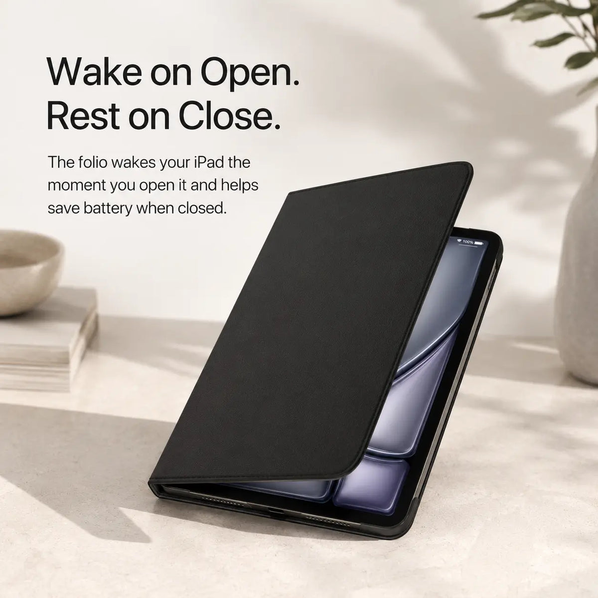 Midnight Black rotating tablet folio case with a magnetic wake and sleep cover #color_Midnight Black