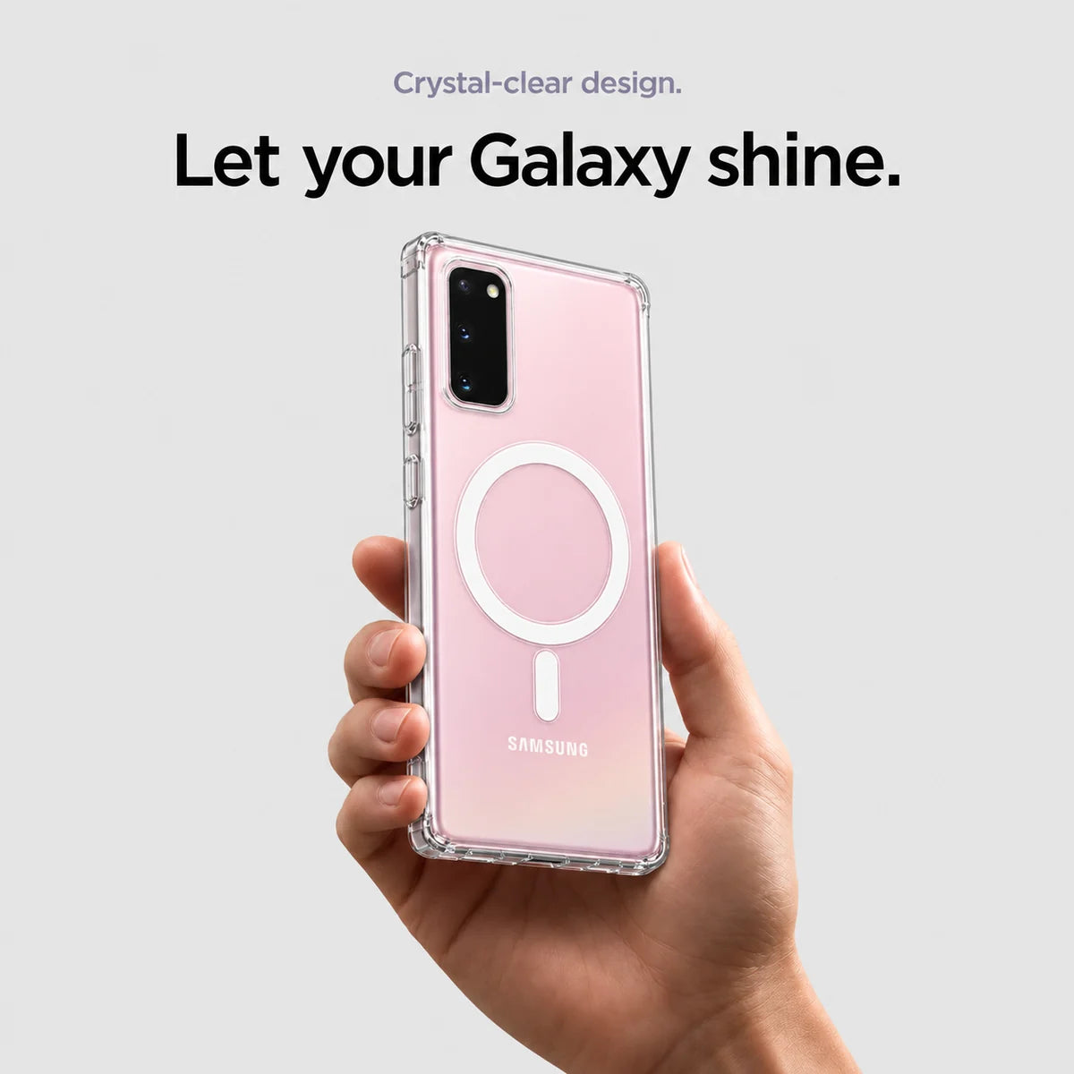 Clear magnetic phone case held at an angle, showing its transparent back and camera openings. #Samsung Model_Samsung S20