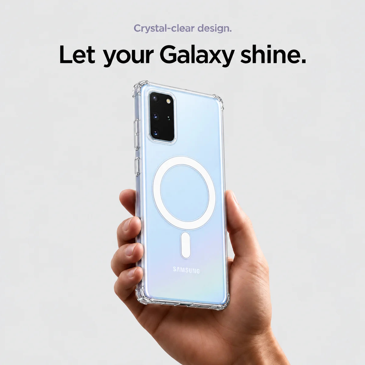 Clear magnetic phone case held at an angle, showing its transparent back and camera openings. #Samsung Model_Samsung S20+
