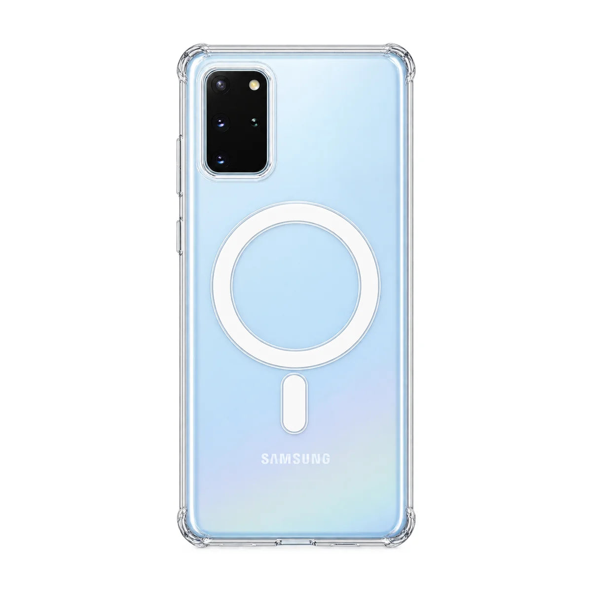 Clear magnetic phone case fitted to a handset, showing the rear cameras. #Samsung Model_Samsung S20+