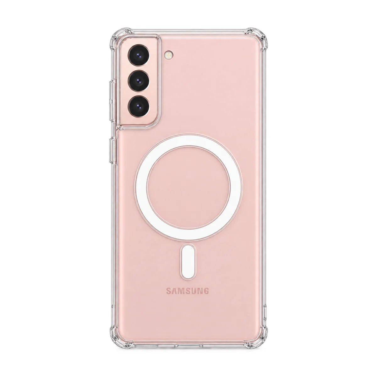 Clear magnetic phone case fitted to a handset, showing the rear cameras. #Samsung Model_Samsung S21