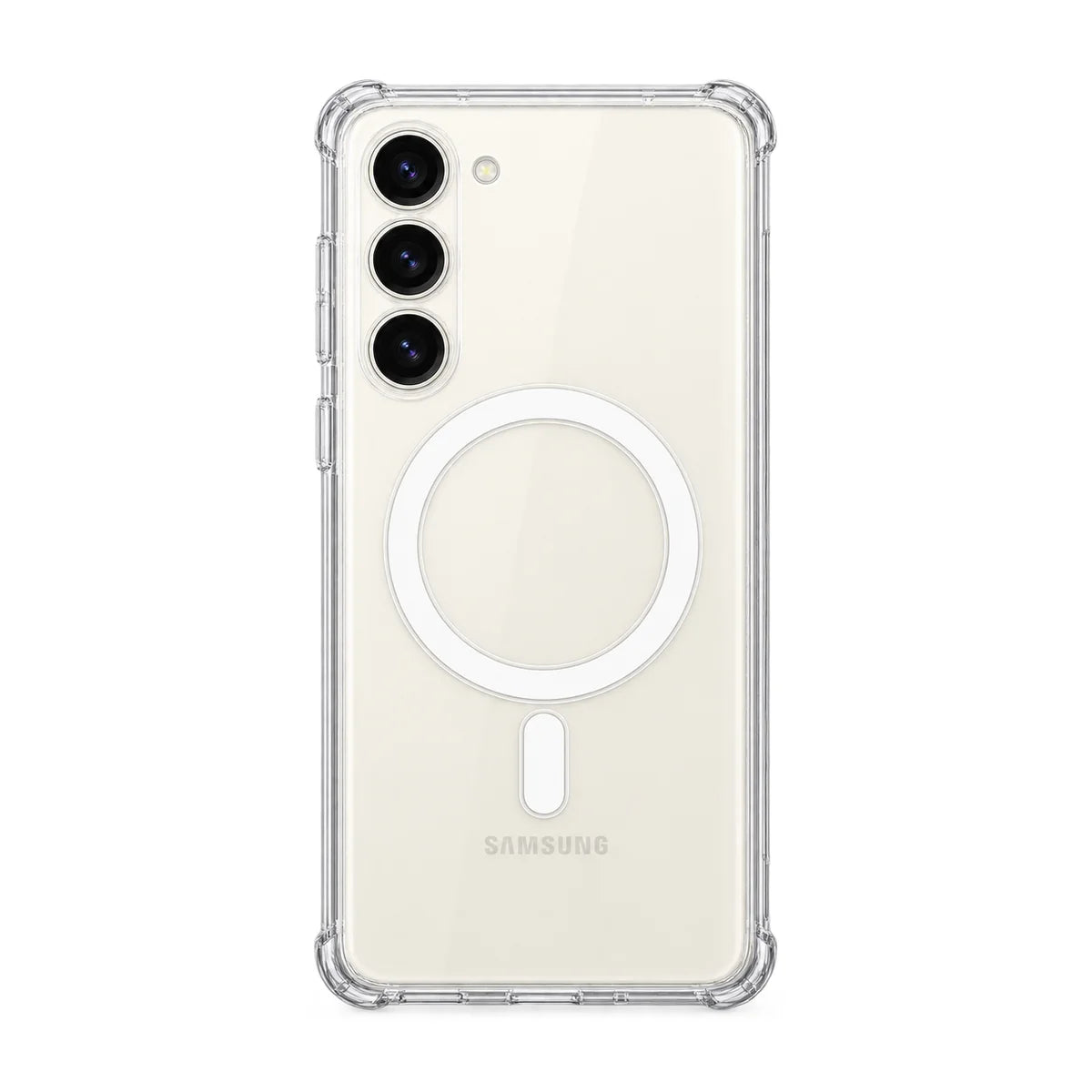 Clear magnetic phone case fitted to a handset, rear view with model-specific camera openings. #Samsung Model_Samsung S23