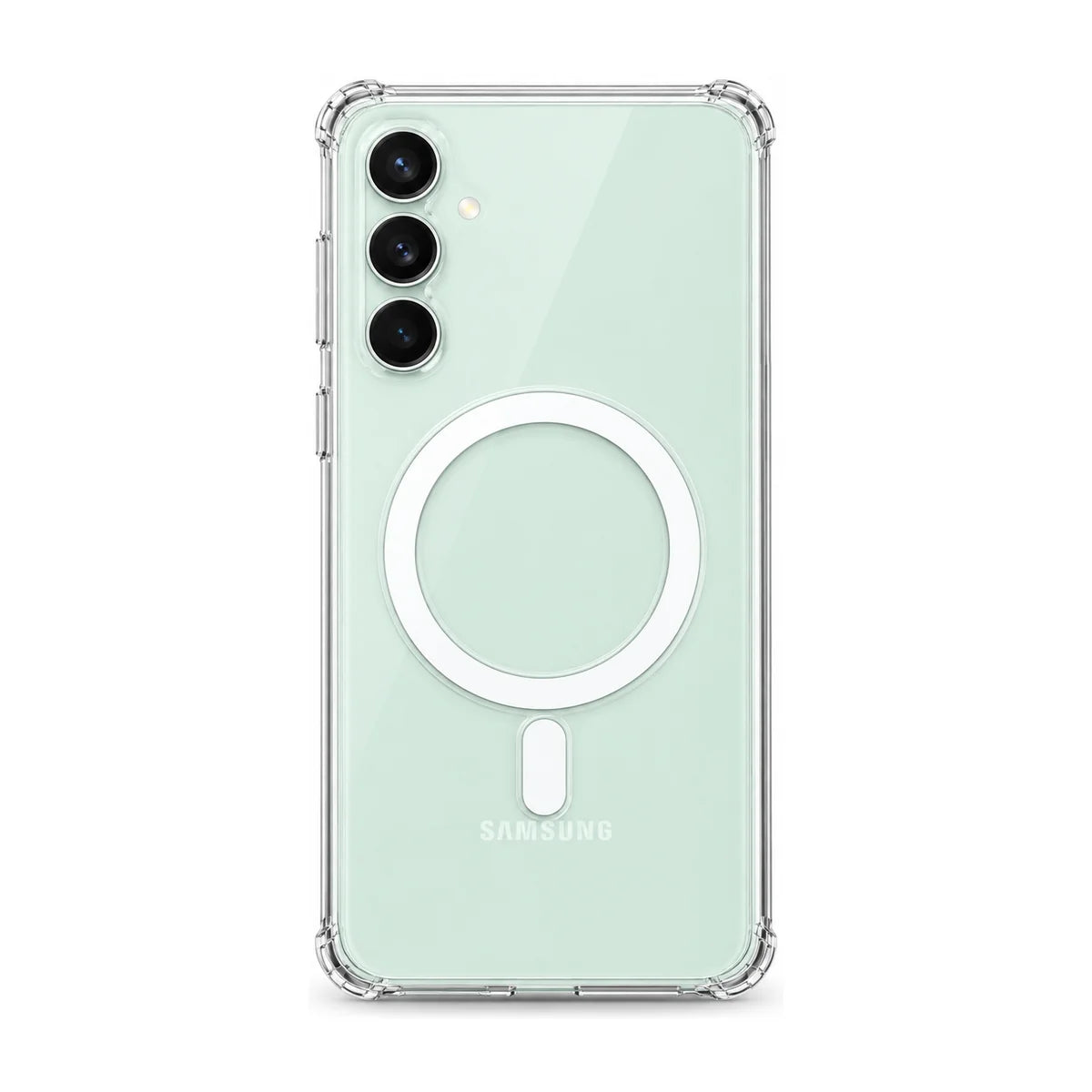 Clear magnetic phone case fitted to a handset, rear view with model-specific camera openings. #Samsung Model_Samsung S23 FE