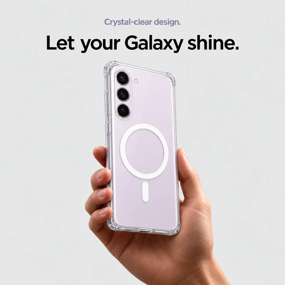 Clear magnetic phone case held at an angle, showing its transparent back and camera openings. #Samsung Model_Samsung S23+