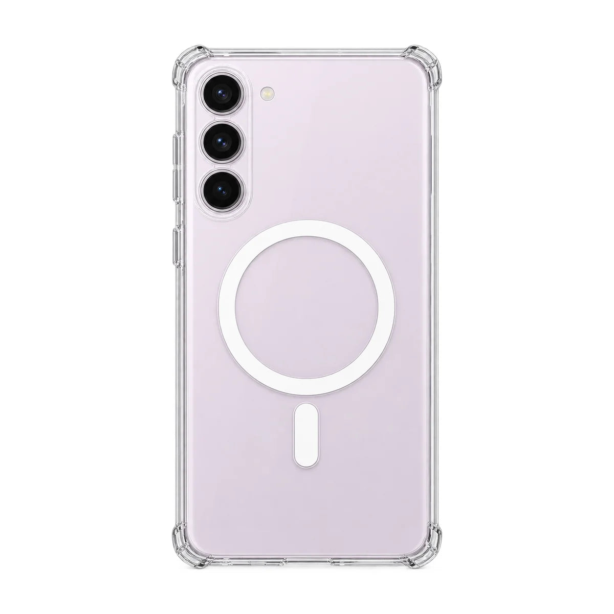 Clear magnetic phone case fitted to a handset, rear view with model-specific camera openings. #Samsung Model_Samsung S23+