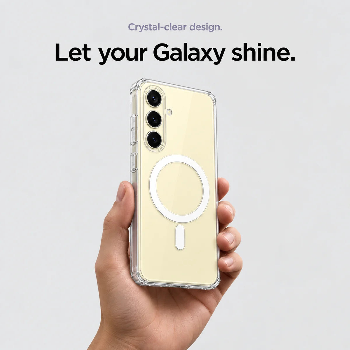 Clear magnetic phone case held at an angle, showing its transparent back and camera openings. #Samsung Model_Samsung S24