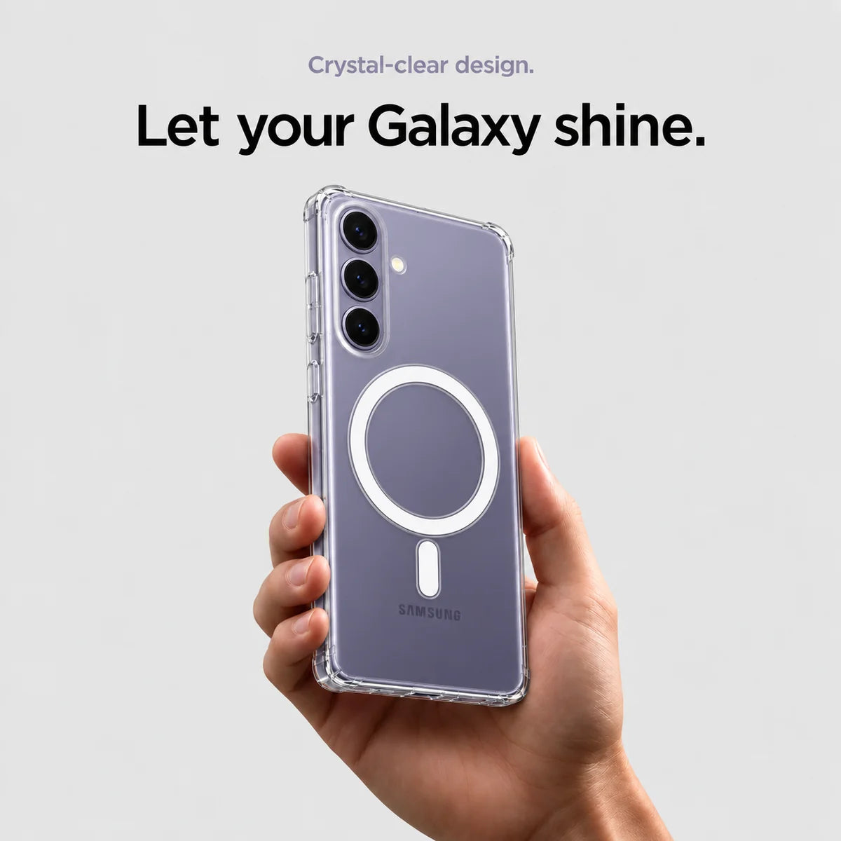 Clear magnetic phone case held at an angle, showing its transparent back and camera openings. #Samsung Model_Samsung S24+