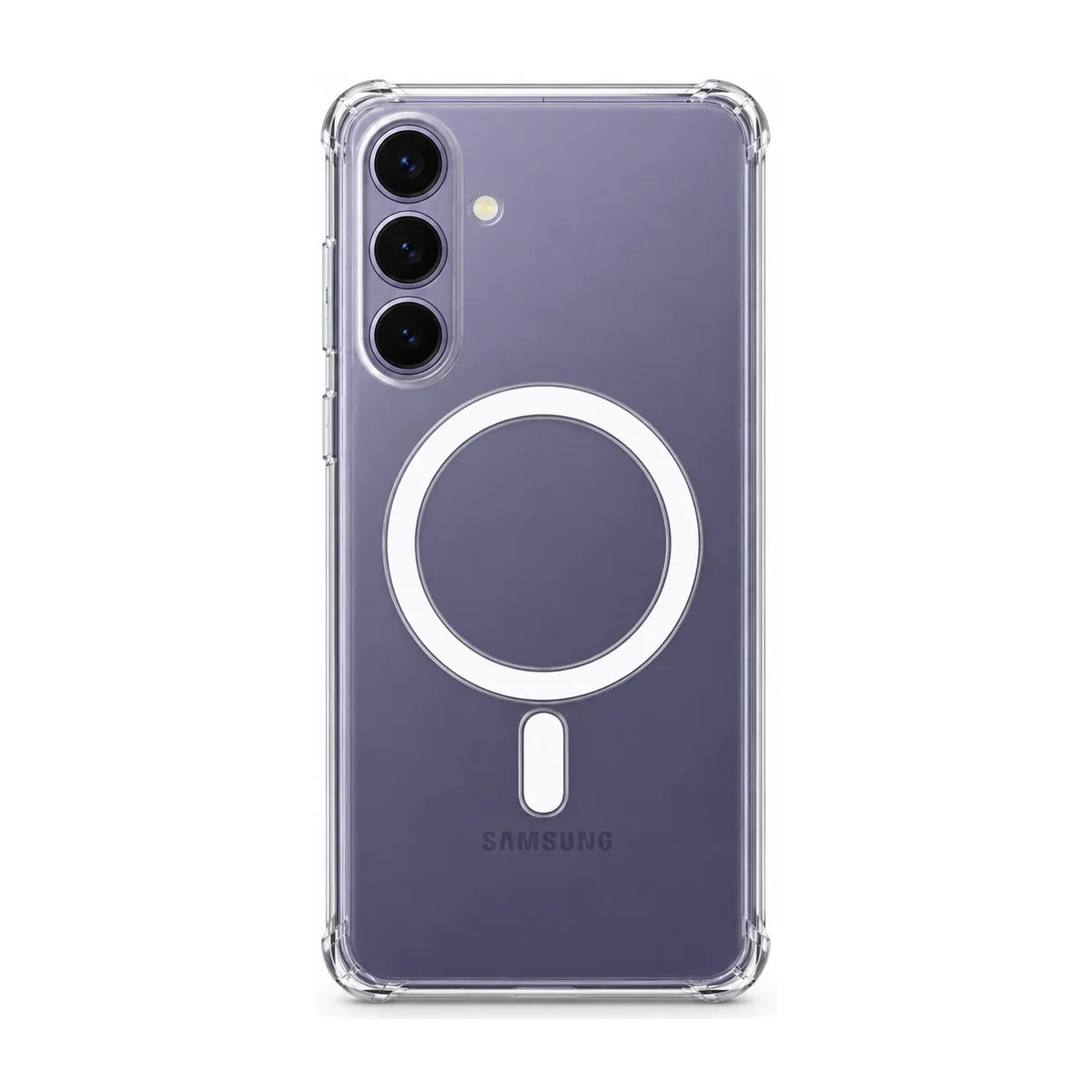 Clear magnetic phone case fitted to a handset, rear view with model-specific camera openings. #Samsung Model_Samsung S24+