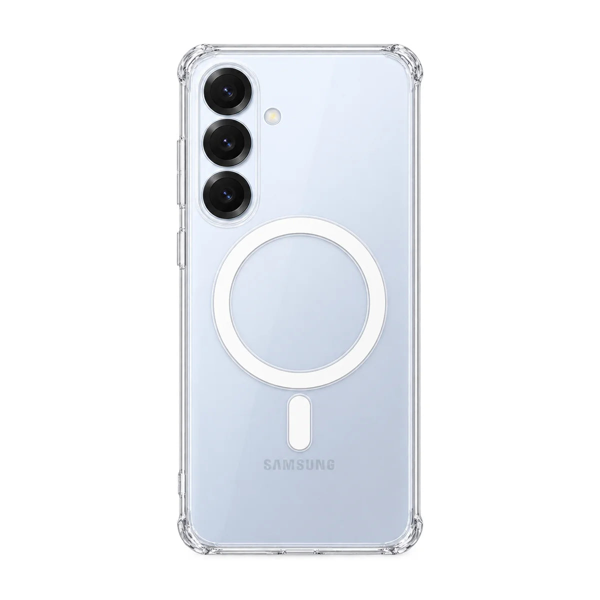 Clear magnetic phone case fitted to a pale blue handset, rear view. #Samsung Model_Samsung S25