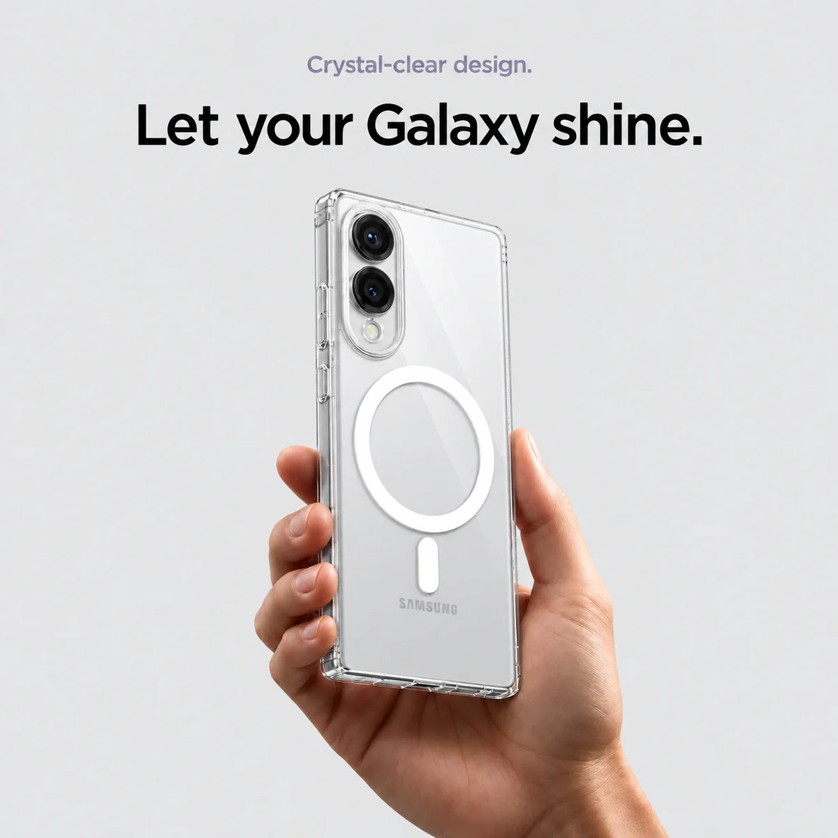 Clear magnetic phone case held at an angle, showing its transparent back and camera openings. #Samsung Model_Samsung S25 Edge