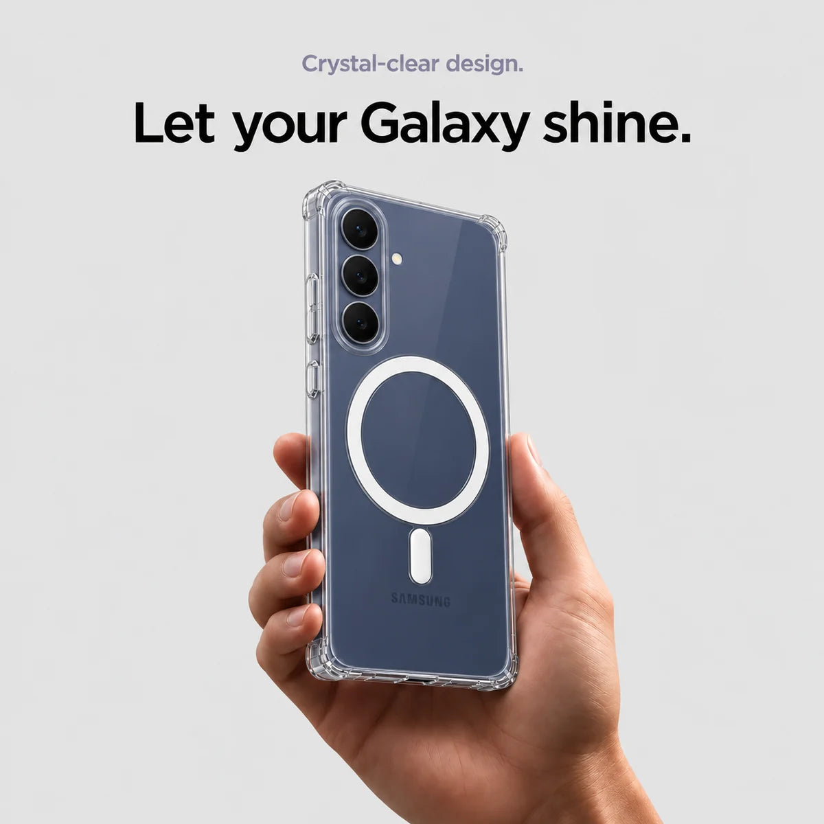 Clear magnetic phone case held at an angle, showing its transparent back and camera openings. #Samsung Model_Samsung S25 FE