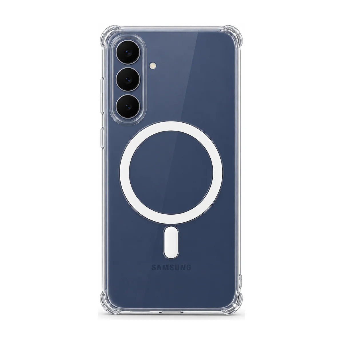 Clear magnetic phone case fitted to a handset, rear view with model-specific camera openings. #Samsung Model_Samsung S25 FE