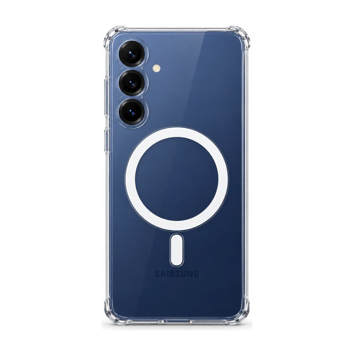 Clear magnetic phone case fitted to a navy blue handset, rear view. #Samsung Model_Samsung S25+