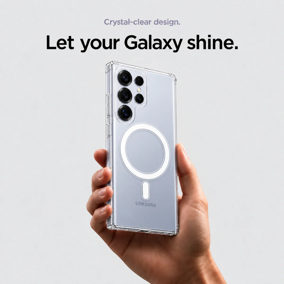 Clear magnetic phone case held at an angle, showing its transparent back and camera openings. #Samsung Model_Samsung S25 Ultra