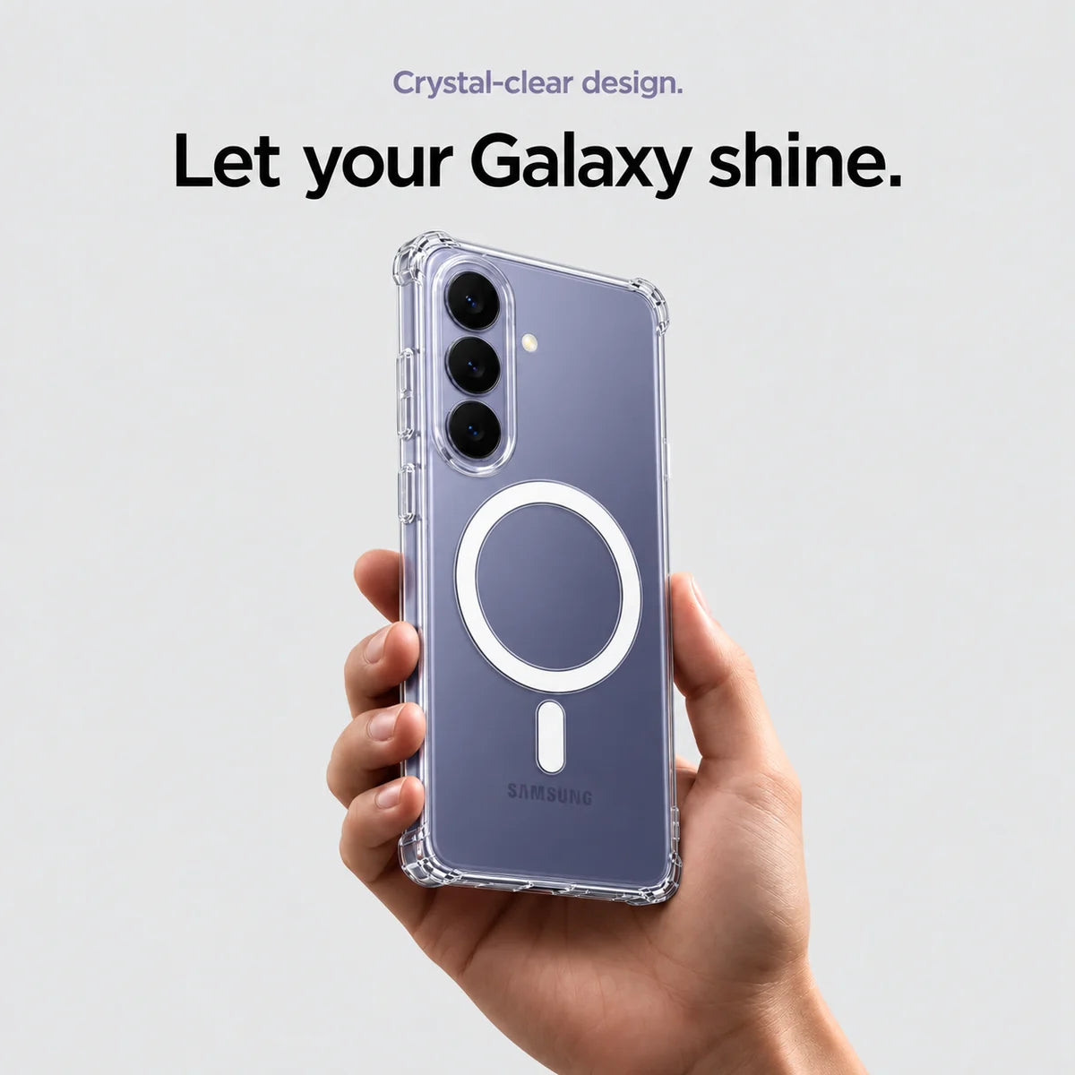 Clear magnetic phone case held at an angle, showing its transparent back and camera openings. #Samsung Model_Samsung S26