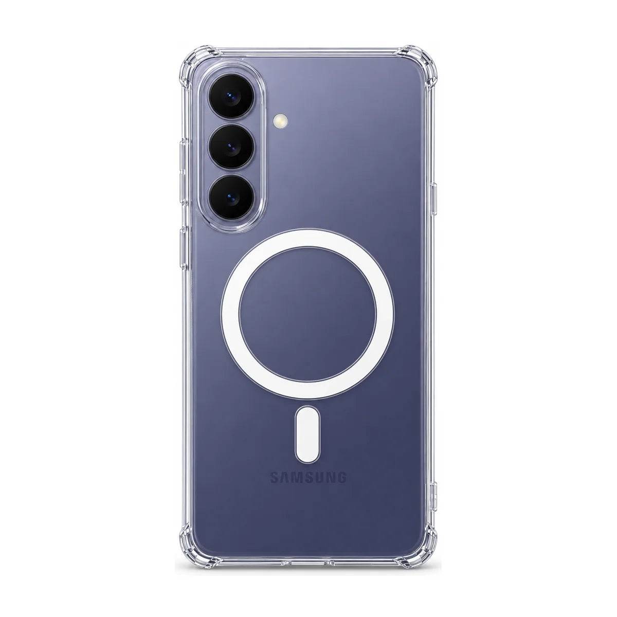 Clear magnetic phone case fitted to a violet handset, rear view. #Samsung Model_Samsung S26