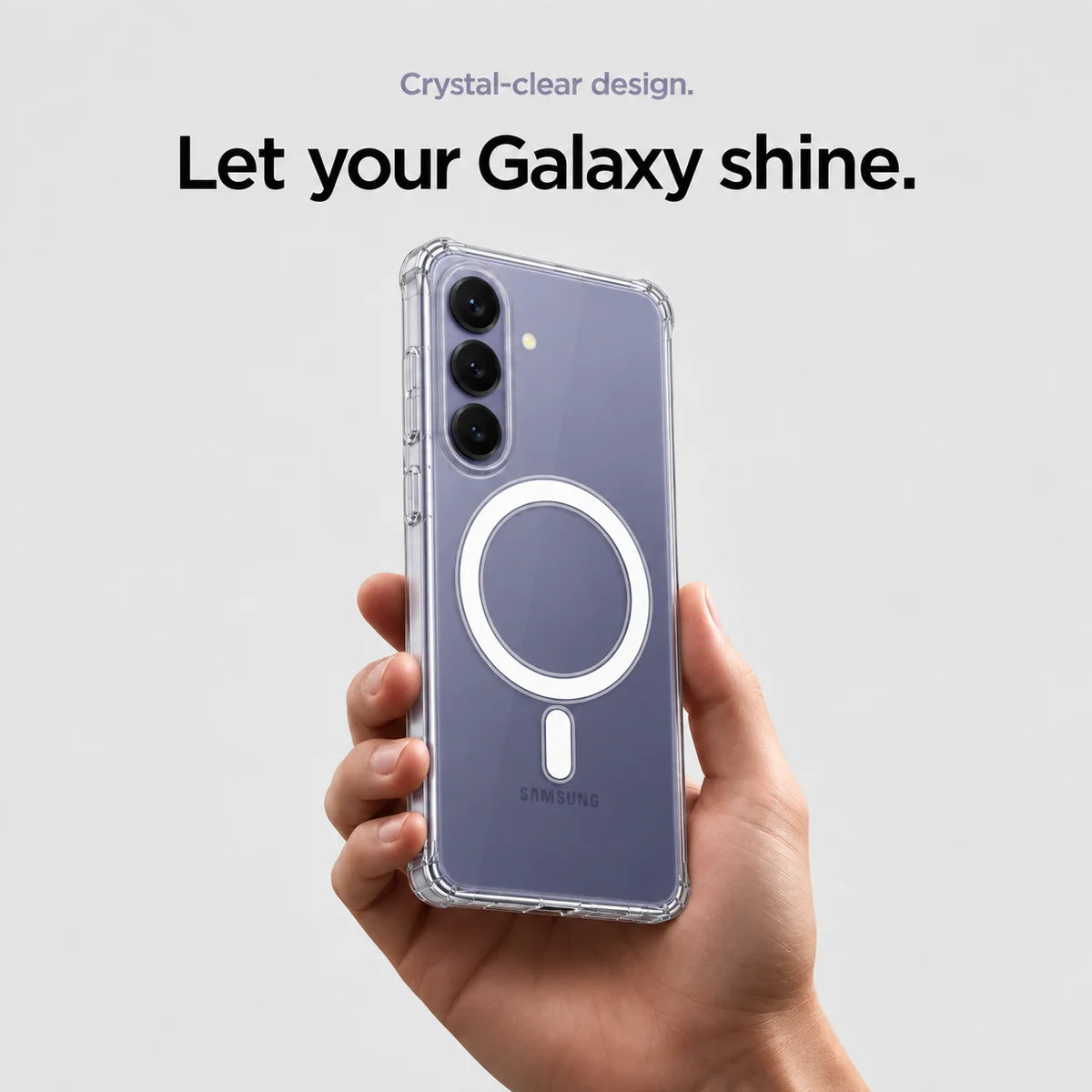 Clear magnetic phone case held at an angle, showing its transparent back and camera openings. #Samsung Model_Samsung S26+