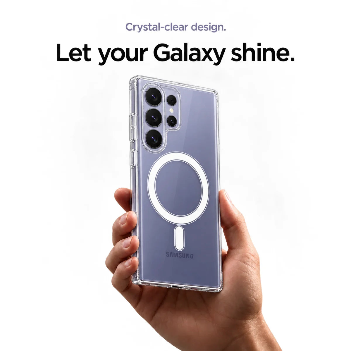 Clear magnetic phone case held at an angle, showing its transparent back and camera openings. #Samsung Model_Samsung S26 Ultra