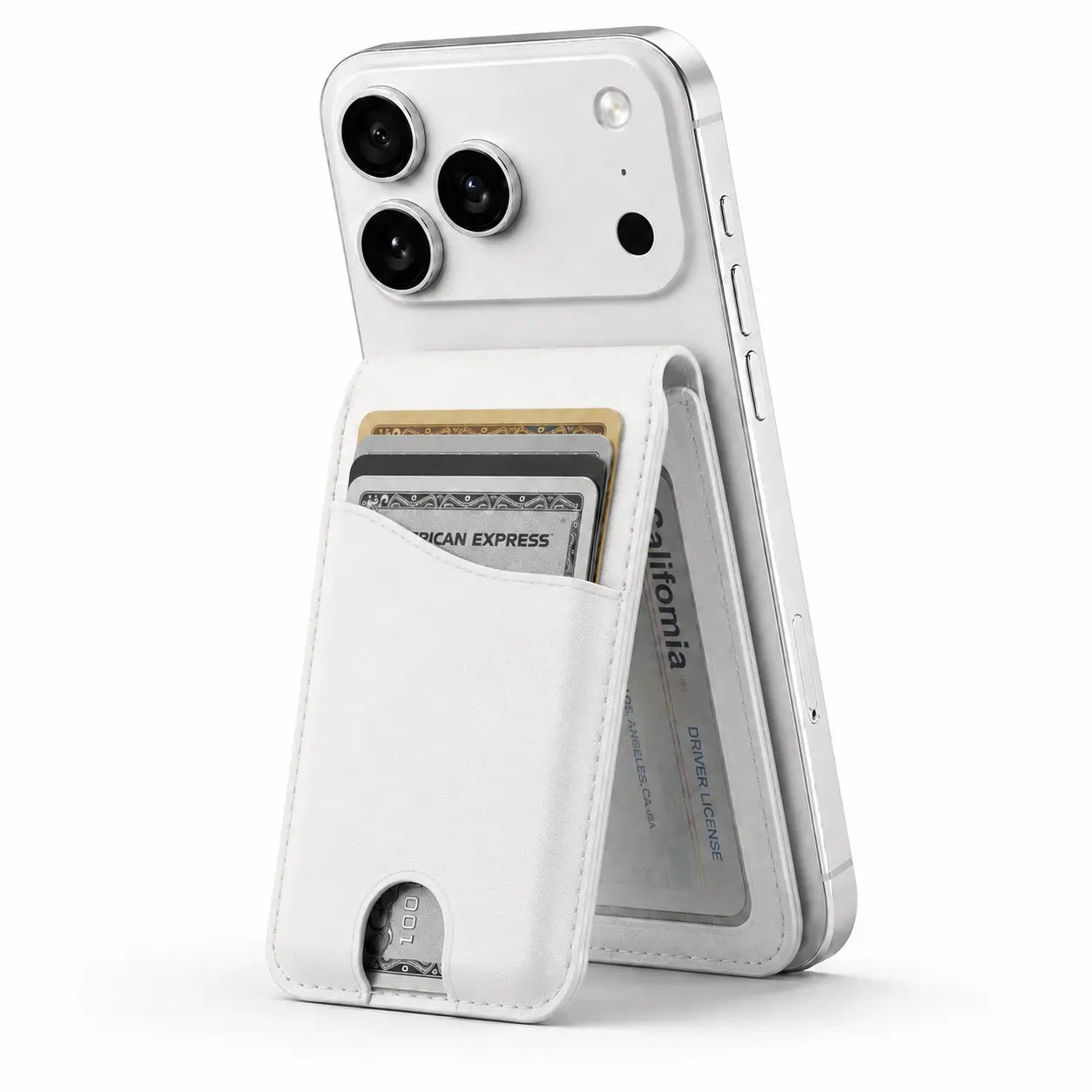 Arctic White folding magnetic card wallet used as a phone stand #color_Arctic White
